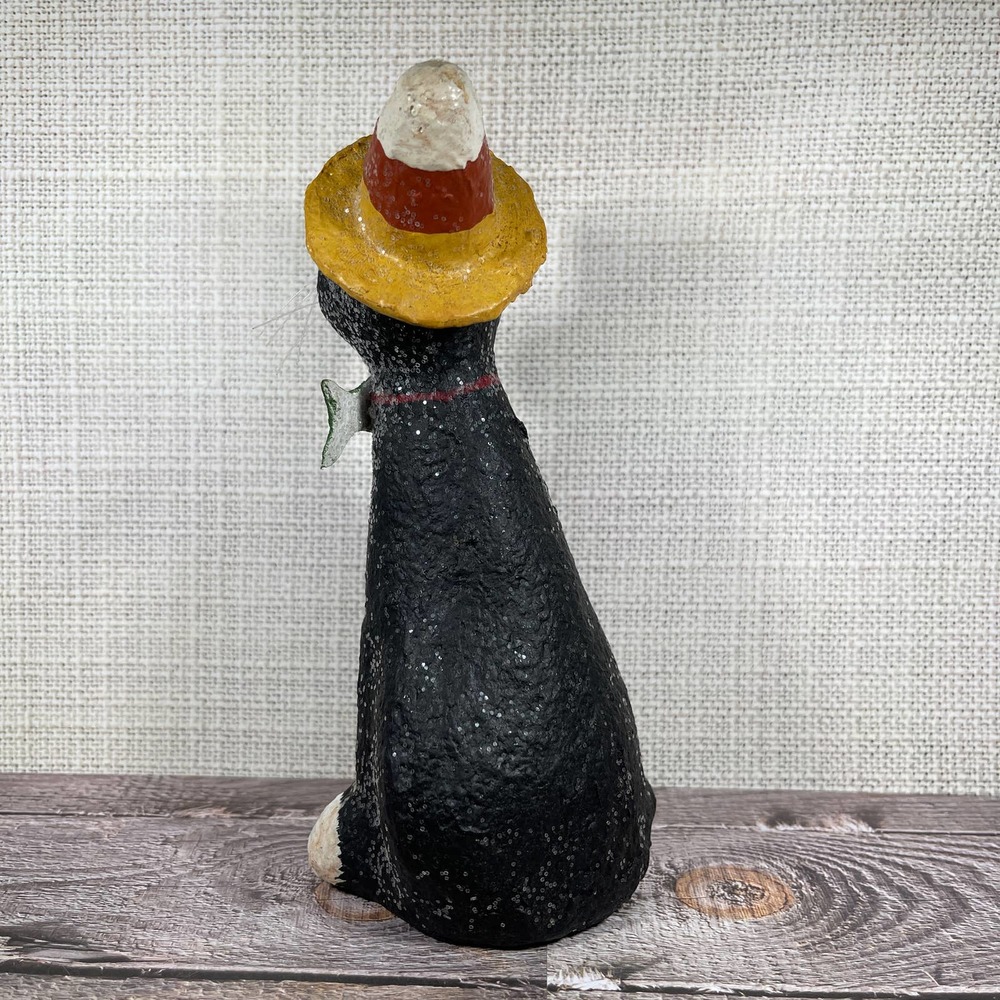 Black Halloween Cat Candy Corn Hat and Fish Bow Tie Sparkly Home Decor - Picture 2 of 6